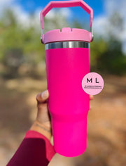 30 Oz Powder Coated Tumbler with Handle and Flip Straw