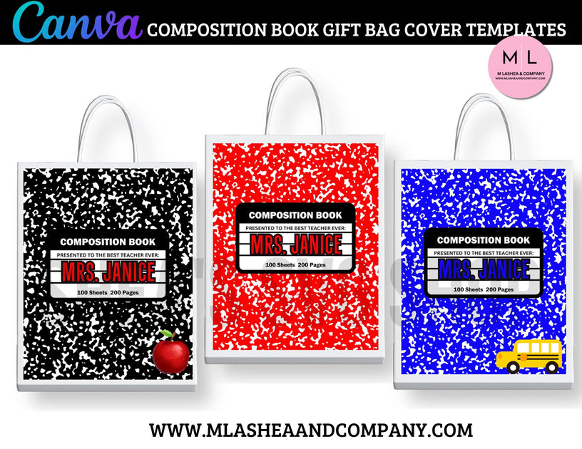 CANVA Composition Book Gift Bag Templates M LaShea & Company