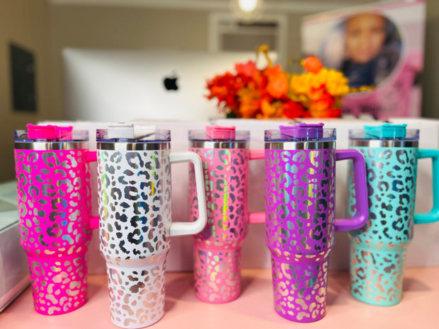 40 oz Leopard Tumbler with Handle, Stainless Steel 40 oz Tumbler with Handle and Straw, Pink Leopard Cheetah Print Tumbler Coffee Mug Cup, Cheetah