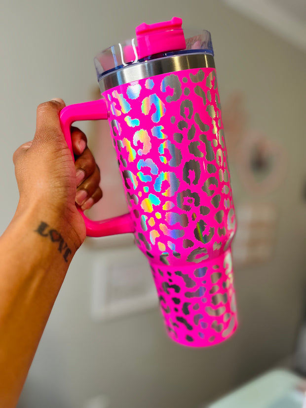 40 oz Tumbler with Handle - Laser Engraved Leopard Print Design