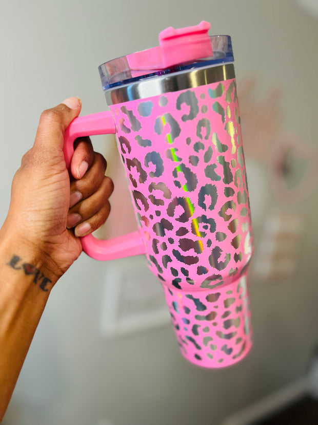 40 oz Tumbler With Handle,Leopard Print Skinny Vacuum Insulated