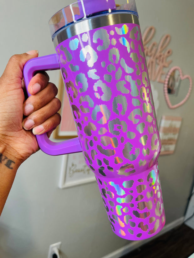 40 oz Iridescent Leopard Print Tumbler with Handle in Hot Pink