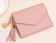 Tri Fold Wallet, Women, ID Card Holder Purse, Heart Tag with PU Leather Tassel, for Women Girls