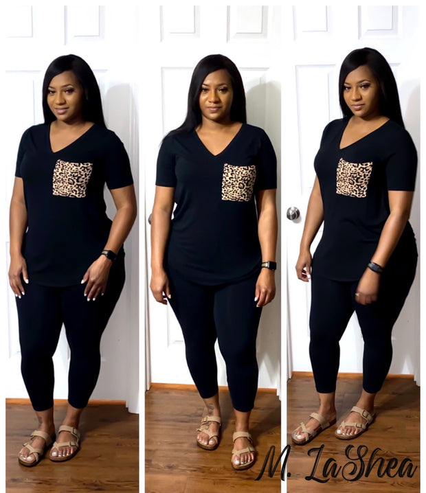 Roxanne- Leopard Pocket VNeck Tee + Capri Leggings (Plus)