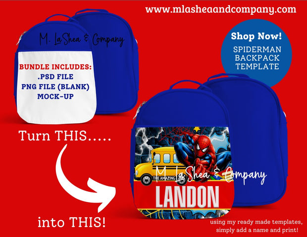 SpiderMan Bookbag Sublimation Template (for small and medium backpacks as shown)